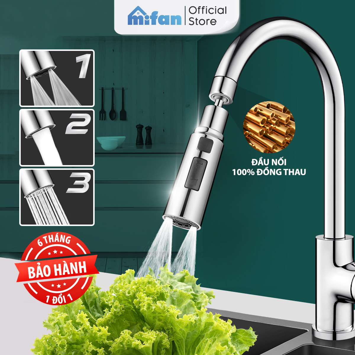  Đầu Vòi Rửa Bát Tăng Áp 3 Chế Độ Phun Mifan - Đầu nối đồng thau xoay 360 độ sục khí chống bắn nước bồn rửa chén 