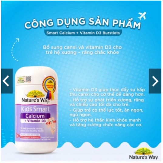 ✅ Viên Nhai Cho Bé NATURE’S WAY Kids Smart Calcium + Vitamin D3 Burstlets Bổ Sung Canxi Giúp Bé Phát Triển Chiều Cao