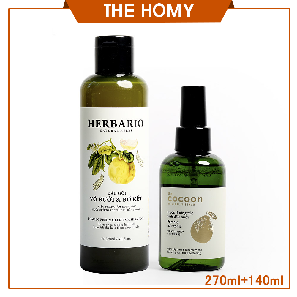 [ GIÚP MỌC TÓC NHANH ] Dầu gội vỏ bưởi bồ kết Herbario 270ml + Nước dưỡng tóc tinh dầu bưởi (Pomelo hair tonic) 140ml