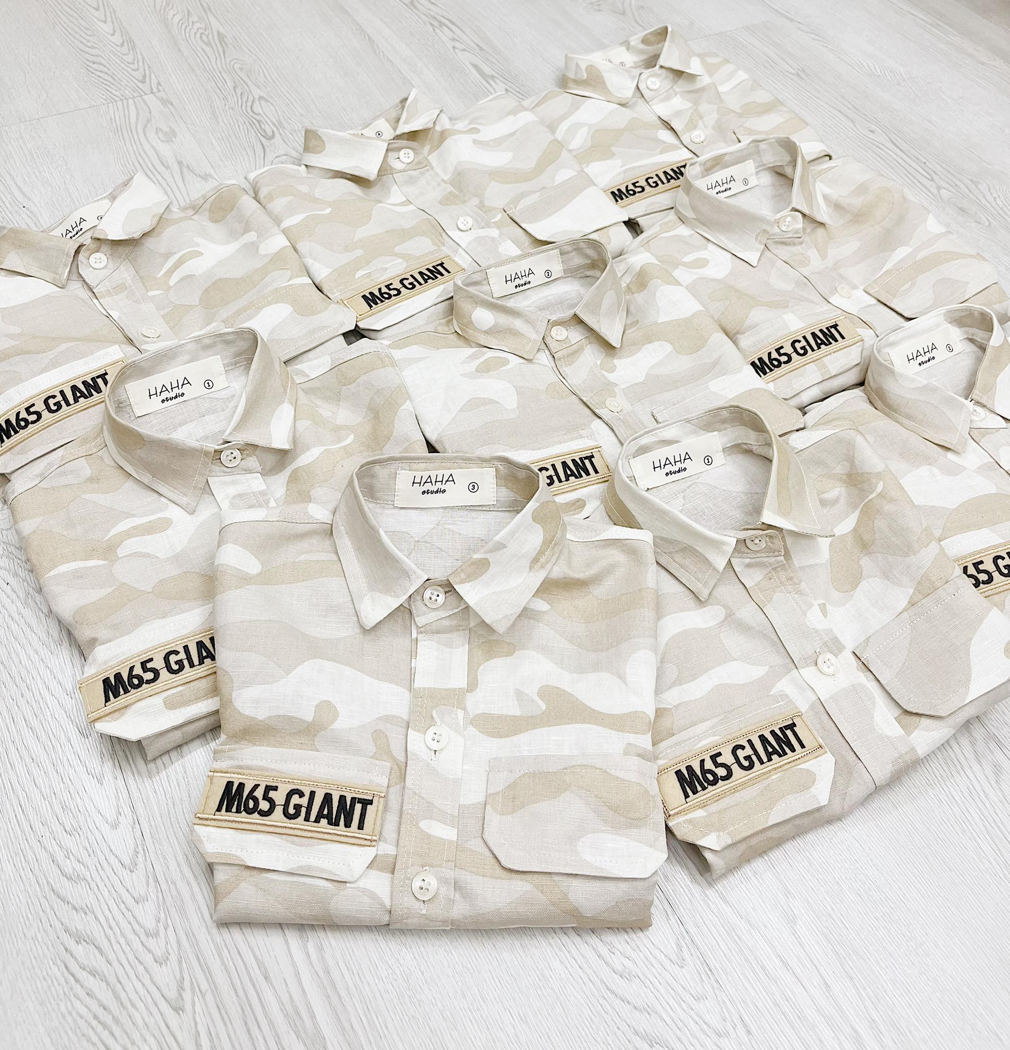 Áo sơ mi cho bé trai, áo sơ mi linen hoạt tiết lính bé trai size từ 9 đến 20kg