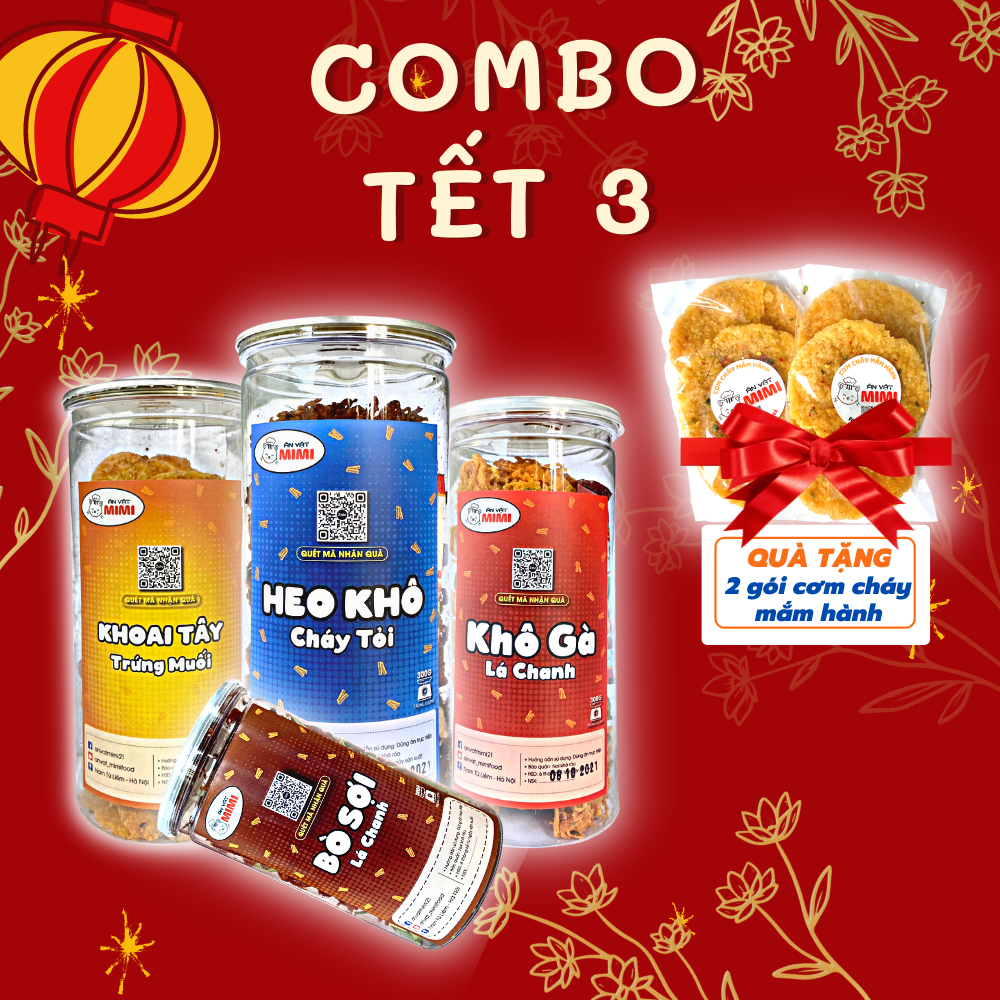 Combo 3: khô gà lá chanh, heo khô cháy tỏi, khô bò lá chanh, khoai tây trứng muối kèm quà tặng
