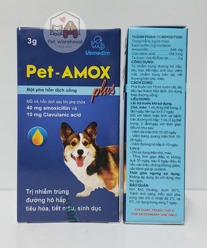 Amox-Pet Plus, bột pha nước hỗ trợ tiêu hóa, hô hấp cho chó mèo