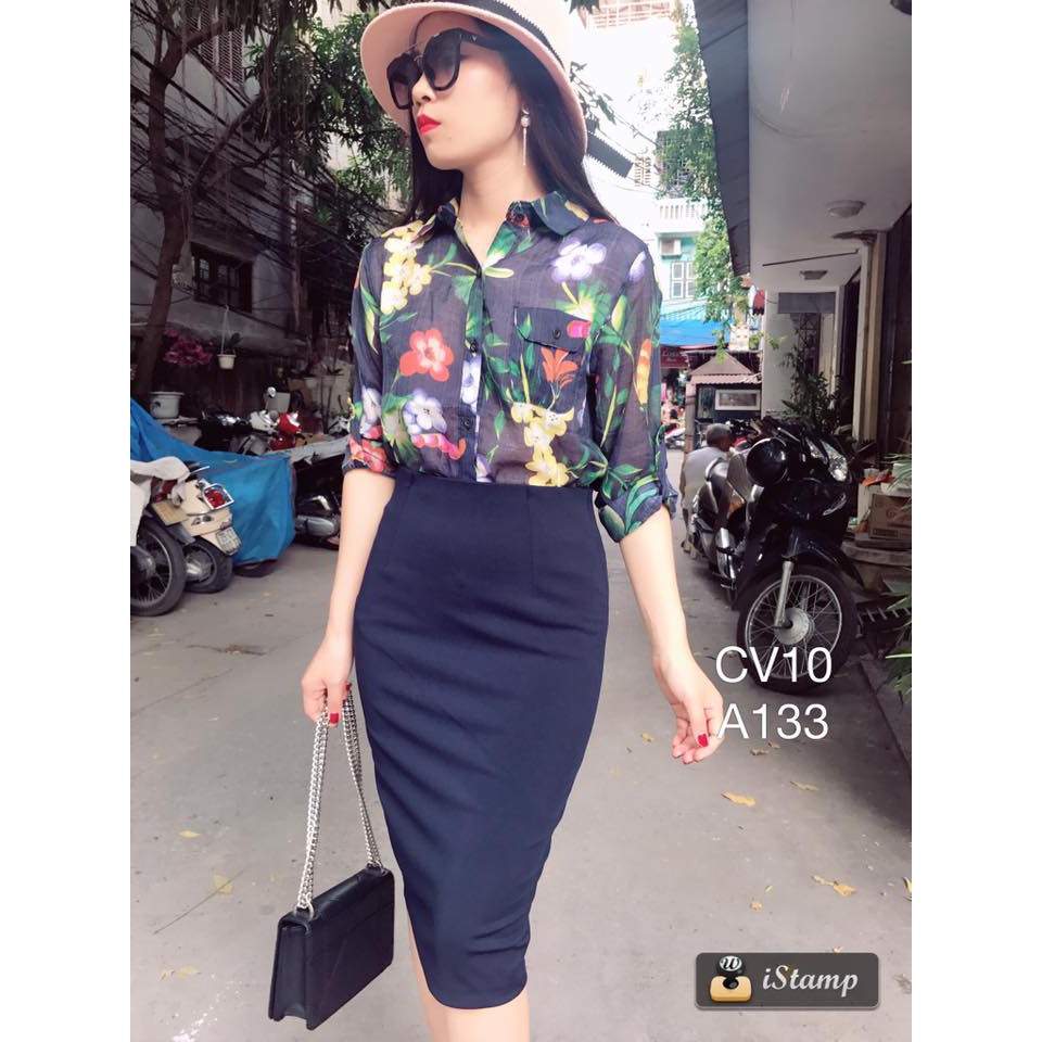 Chân váy bút chì màu tím than 2 lớp