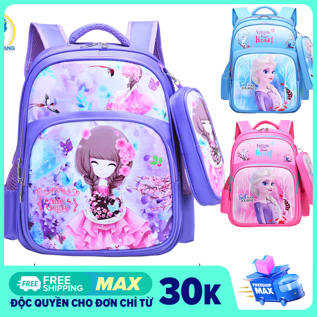 [TẶNG TÚI ĐỰNG BÚT] Balo học sinh cho bé gái đi học có kèm túi ví đựng bút siêu đẹp, Cặp sách học sinh cấp 1, 2 chống thấm nước hình công chúa Elsa, Công chúa bán hoa
