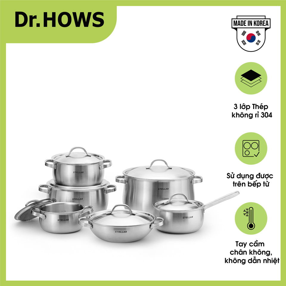 Bộ nồi inox 3 lớp full set dr.hows stella 6 món - made in korea
