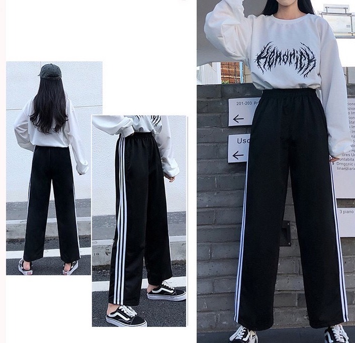 🌸 SIÊU HOT 🌸Quần 3 Sọc Ống Rộng Thể Thao Unisex 🌸 Culottes Kẻ Trắng Dáng Suông Cạp Chun Basic Ulzzang P90
