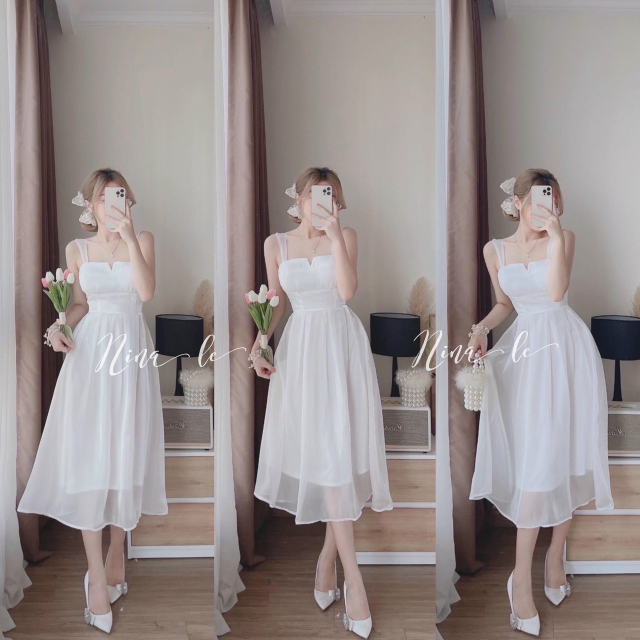 Đầm trắng công chúa, đầm trắng voan 2 dây cúp ngực, đầm voan xòe dài tiểu thư ôm eo dự tiệc sang trọng, quyến rũ