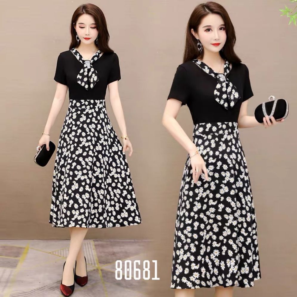 Đầm xòe hoa cúc thắt nơ cổ sang trọng mẫu mới siêu hot
