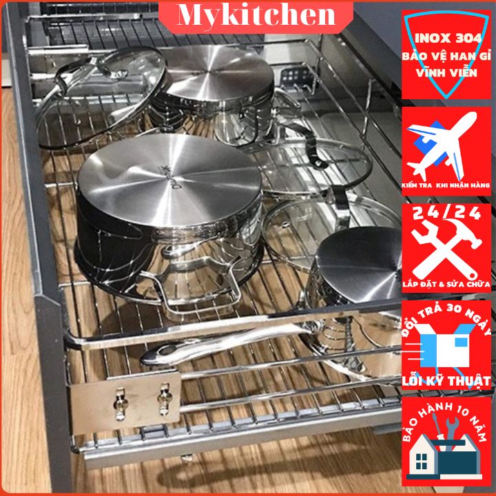 [Chính Hãng] Giá kéo xoong nồi nan tròn inox 304 gồm ray âm giảm chấn cao cấp