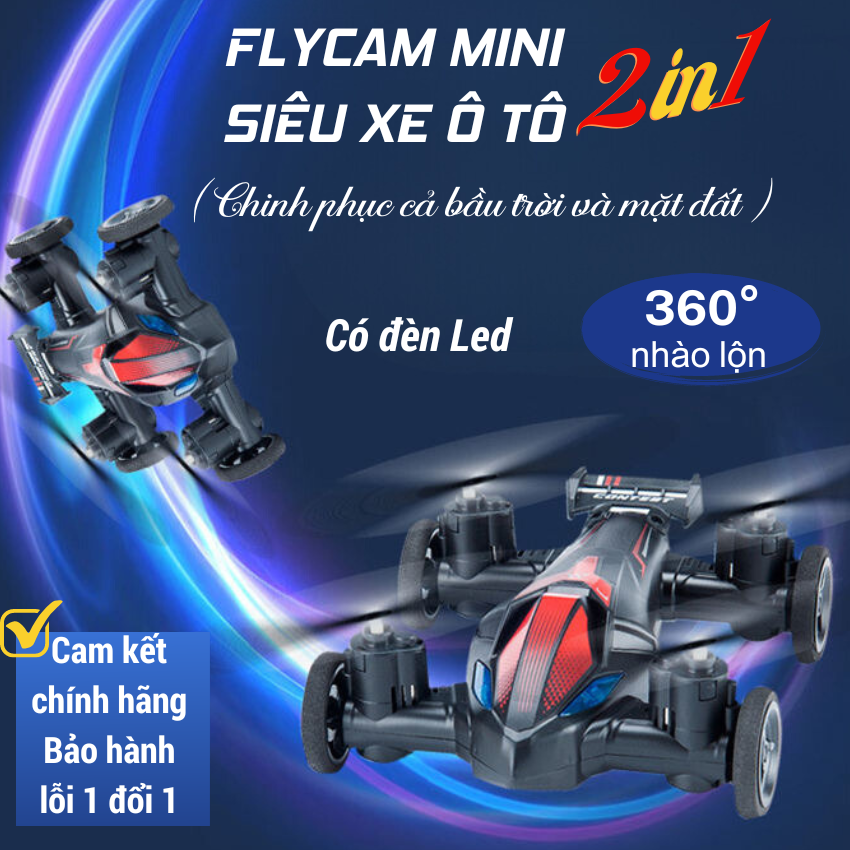 Ô tô điều khiển từ xa 2in1, Flycam mini giá rẻ, Máy bay điều khiển từ xa có camera 4k, Đồ chơi máy bay nhào lộn 360 độ, có Đèn Led