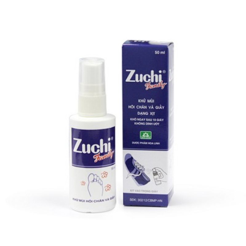 Chai xịt khử mùi giày và mùi hôi chân Zuchi 50ml, khô nhanh, không nhờn, không dính bẩn, không hại da giúp khử mùi hôi tức thì, giảm tiết mồ hôi, loại bỏ tác nhân gây mùi,chống hôi chân và giày,ngăn ngừa nấm bàn chân,chống nấm mốc giày