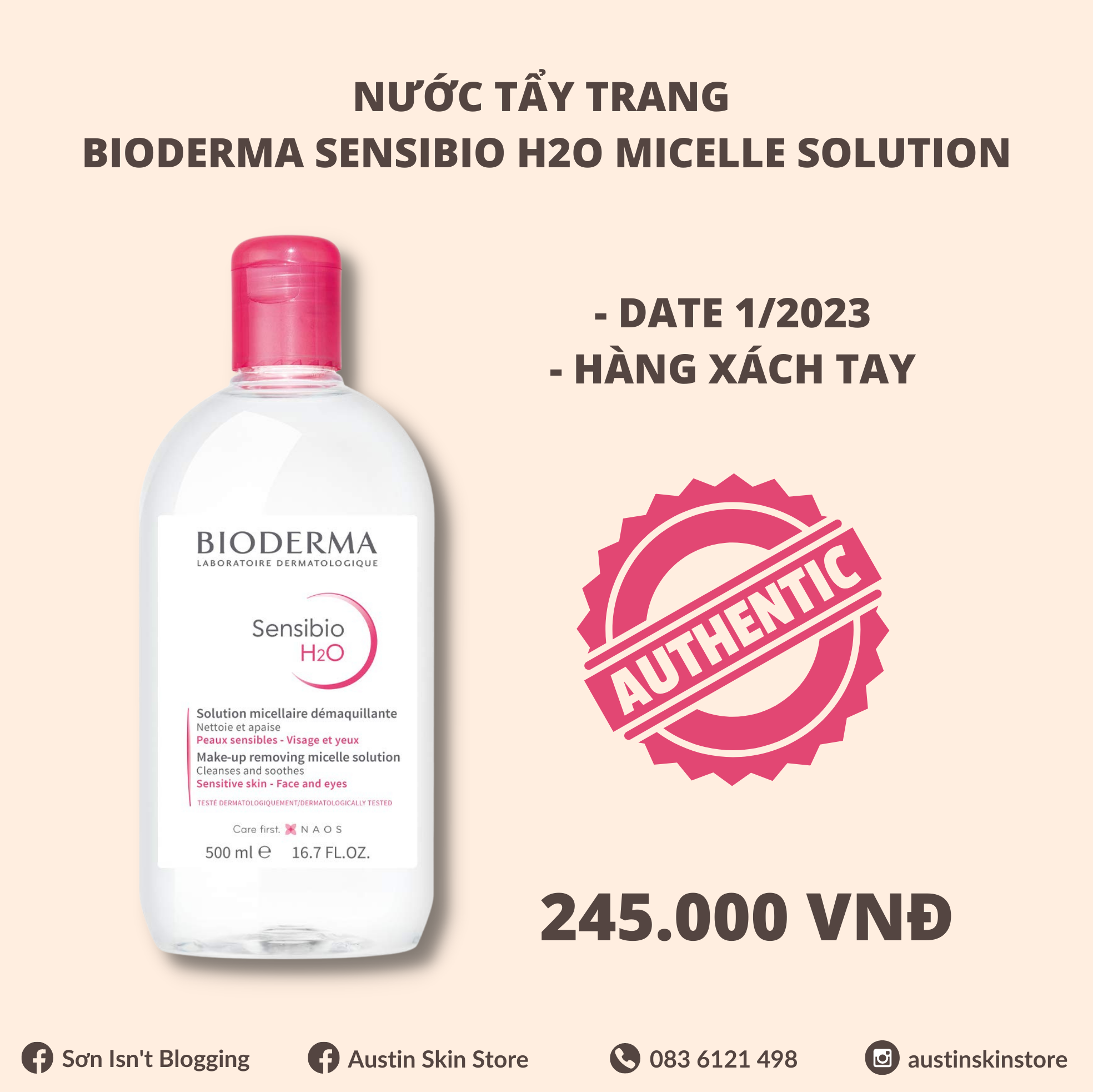 Nước tẩy trang bioderma sensibio h2o hồng cho da nhạy cảm 500ml