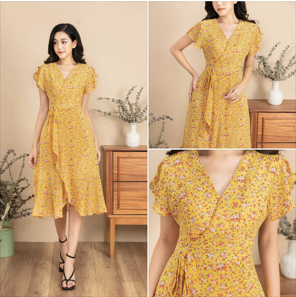 Váy thiết kế, Đầm hoa nhí vàng thiết kế tà sóng buộc eo e1075