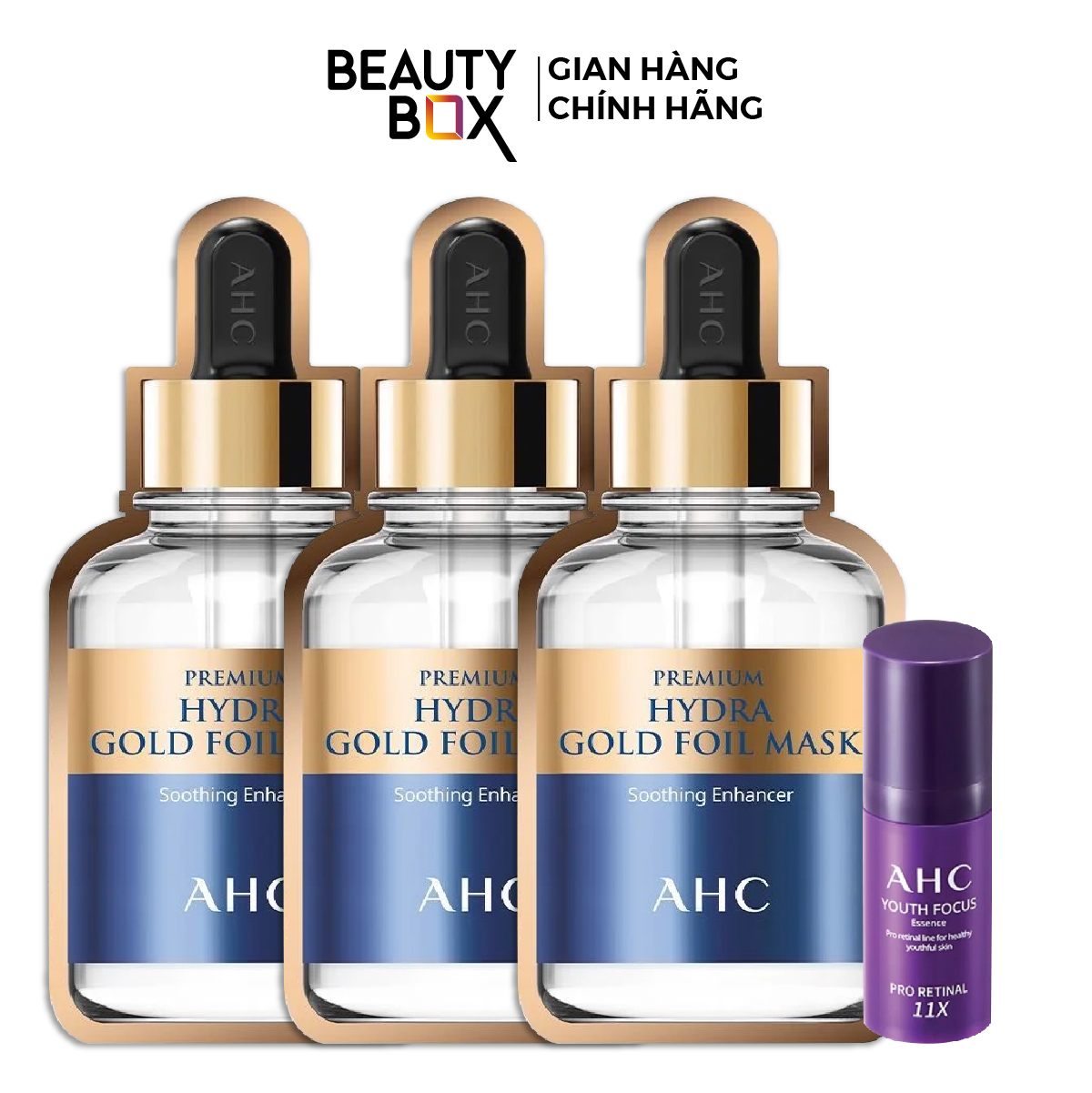 Combo ahc - tinh chất trẻ hóa da youth focus 10ml & 3 mặt nạ vàng gold foil