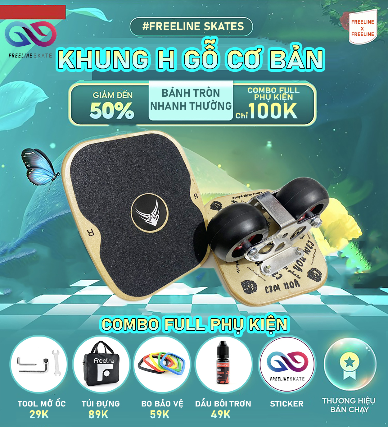 Ván trượt freeline skate gỗ thế hệ mới - khung h bo tự chọn