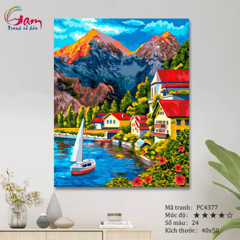 Tranh số hoá tự tô màu phong cảnh làng Hallstatt PC4377 40x50cm đã căng khung