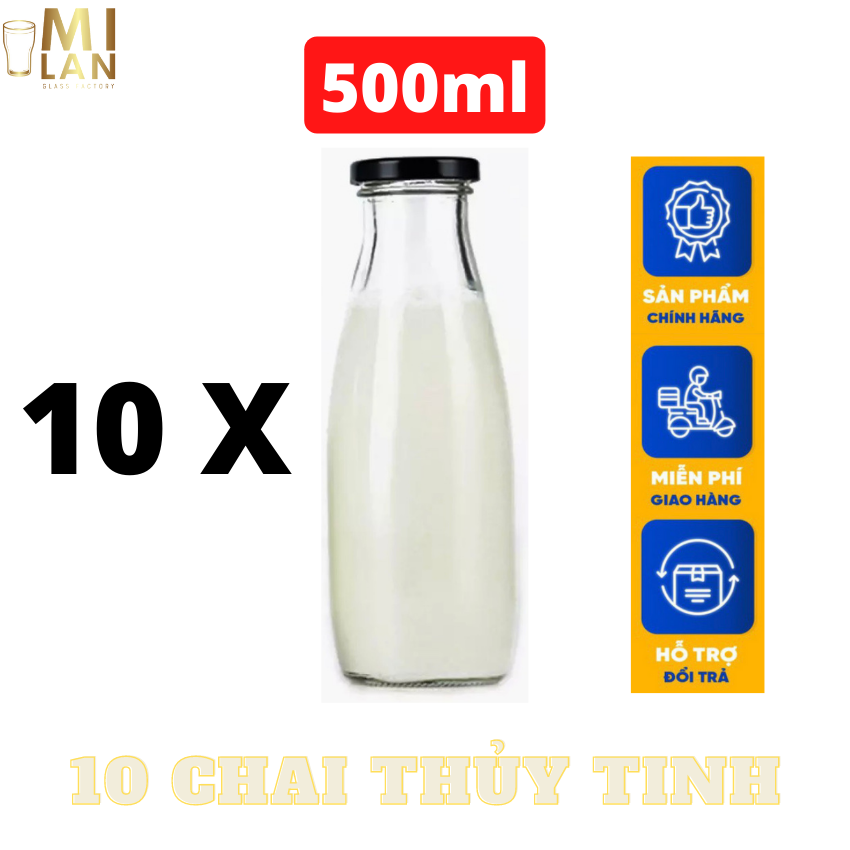 Combo 10 chai thủy tinh 500ml đựng sữa nước ép cà phê kèm nắp kín đen kn-q075