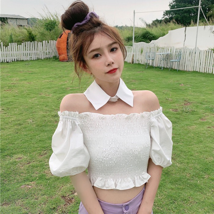 Áo kiểu nhúm kèm cổ sơ mi rời xinh, áo kiểu nữ