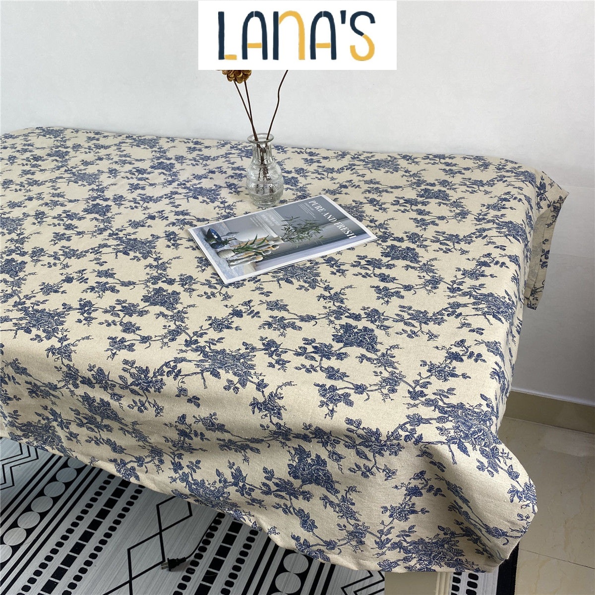 Khăn Trải Bàn Họa Tiết Dây Hoa Xanh Vintage Viền Ren Viền Trơn