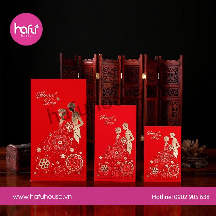 COMBO 10 BAO LÌ XÌ BƯNG QUẢ ĐÁM CƯỚI HÌNH CÔ DÂU CHÚ RỂ M23 HAFU HOUSE