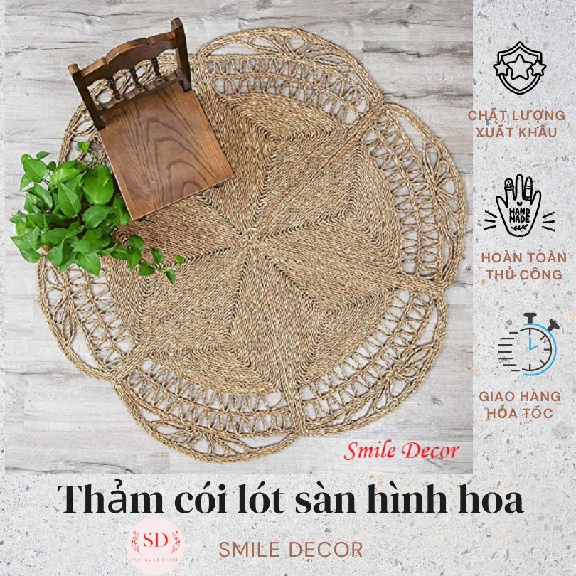 Thảm trải sàn đan cói hình hoa Smile Decor phong cách vintage, có thể gấp gọn
