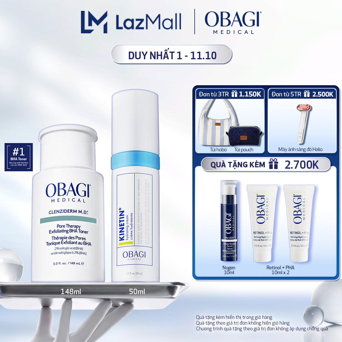 Bộ đôi dưỡng da Toner BHA làm sạch mụn và tẩy tế bào chết Obagi Medical Clenziderm M.D 148ml và Kem Dưỡng Phục Hồi Làm Dịu Da Obagi Clinical Kinetin+ Hydrating 50ml