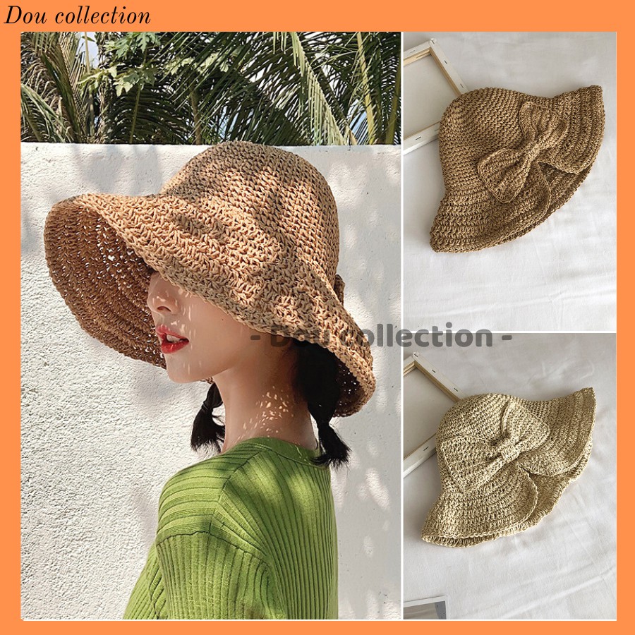Mũ cói mềm rơm rafi trơn phối nơ đi biển - mã nc011