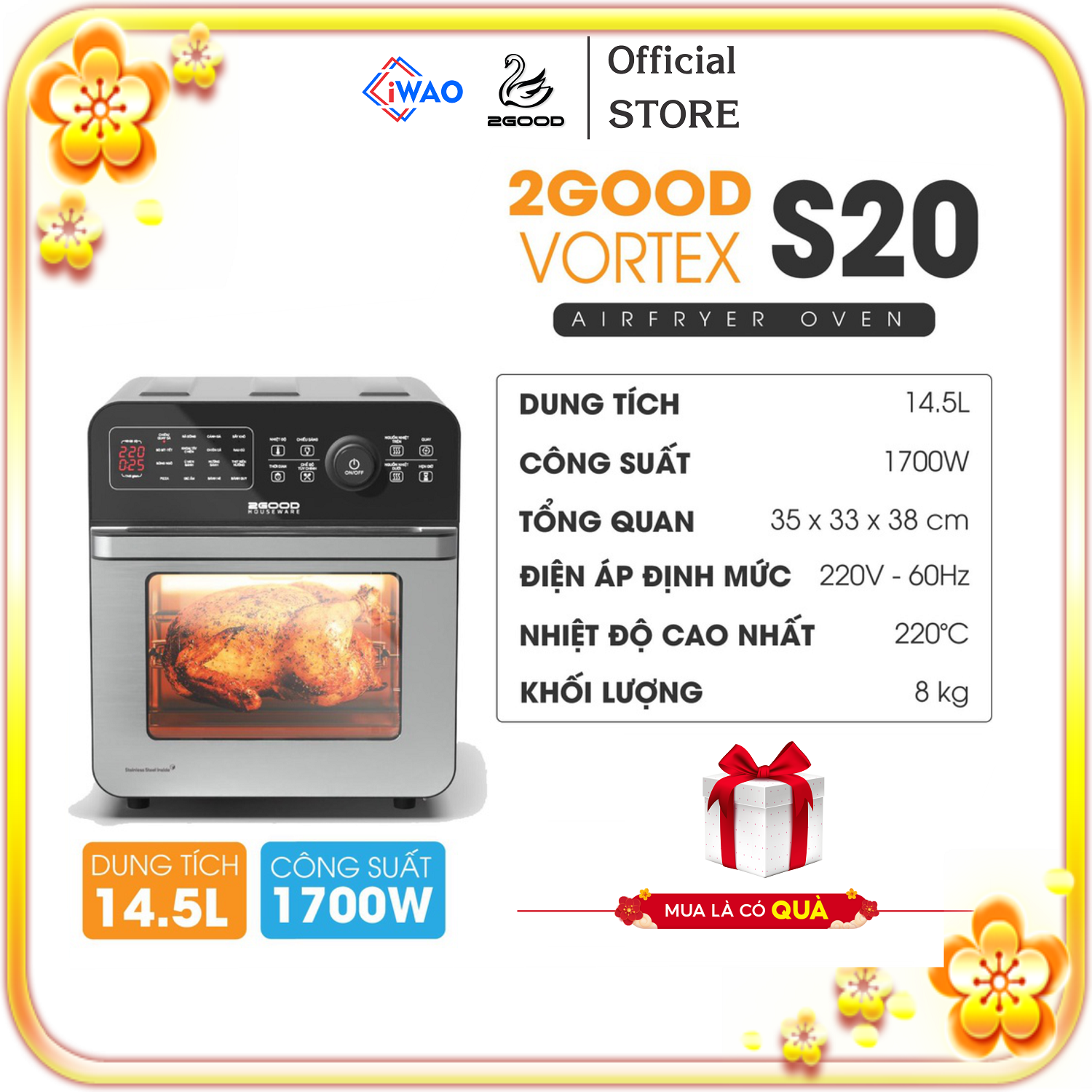 Nồi Chiên Không Dầu 2GOOD Vortex S-20 Air Fryer Oven (14.5L) Hàng Chính Hãng 2GOOD Bảo hành điện tử