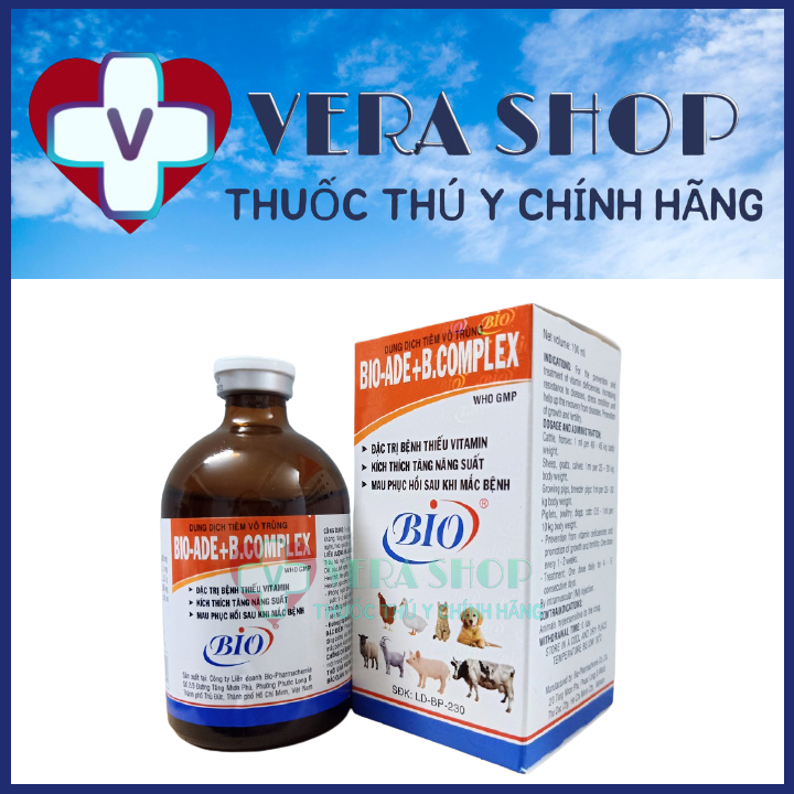 BIO ADE BCOMPLEX 100ML - Thuốc bổ sung vitamin tổng hợp, tăng sức đề kháng, tăng năng suất, mau phục hồi sau khi mắc bệnh cho trâu, bò, ngựa, dê, heo, gia cầm, chó mèo - Sỉ Lẻ Thuốc Thú Y
