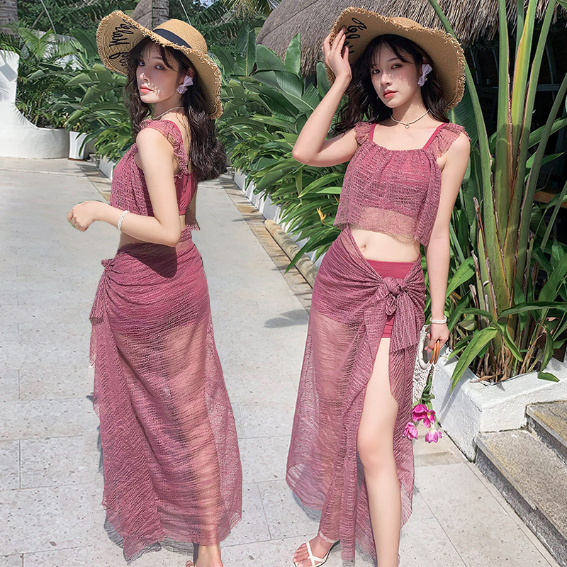 Set bikini đi biển 3 món, Đồ bơi đi biển có khăn choàng kín đáo