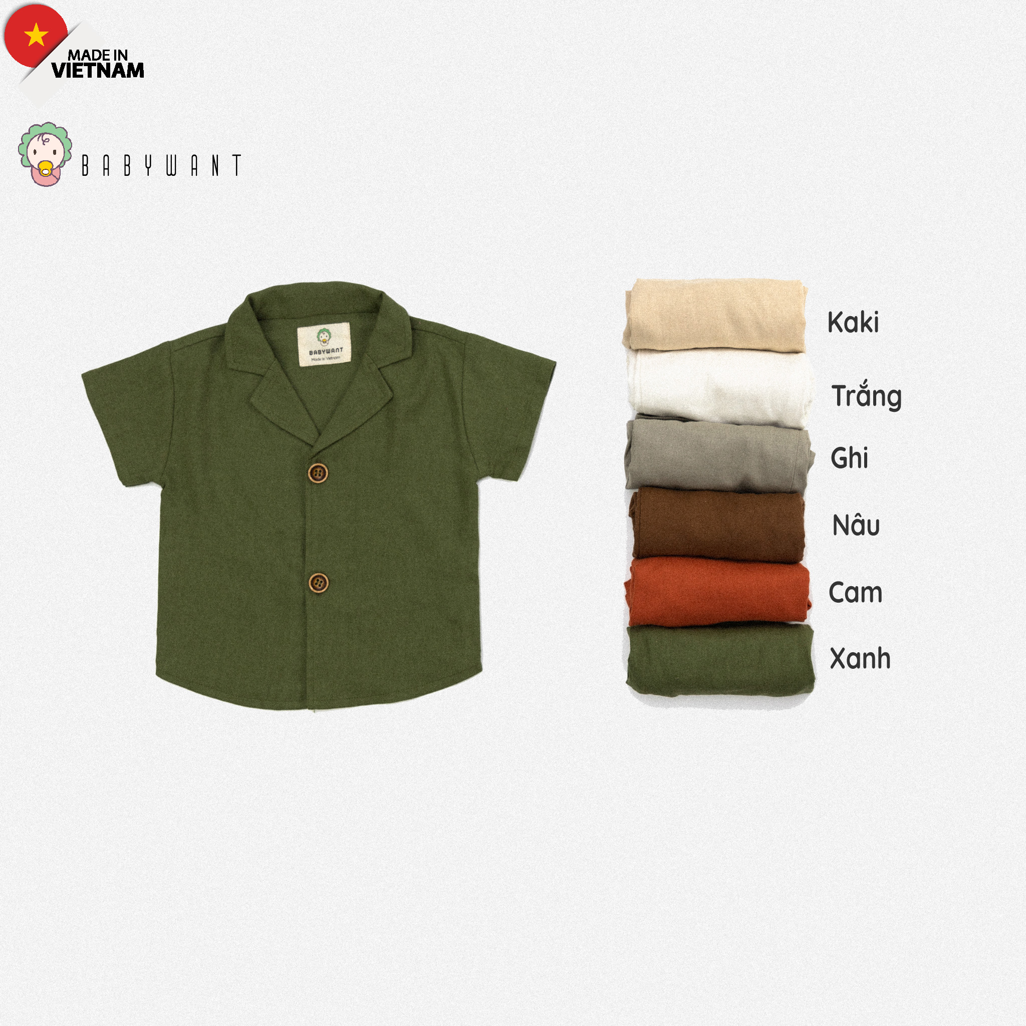 Áo sơ mi Linen ngắn tay cổ Curban cho bé từ 9 đến 30kg