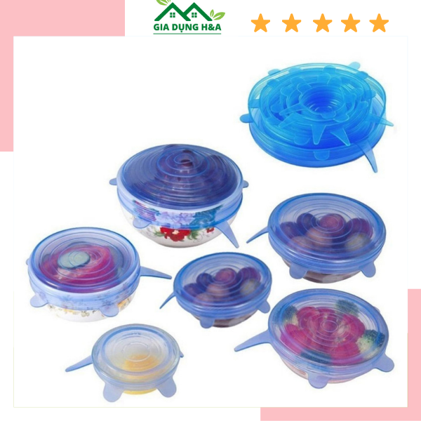 [SẴN HÀNG] [Combo 6 cái loại đẹp] Bộ nắp đậy thức ăn sillicon chịu nhiệt tốt, bộ màng bọc thực phẩm silicon