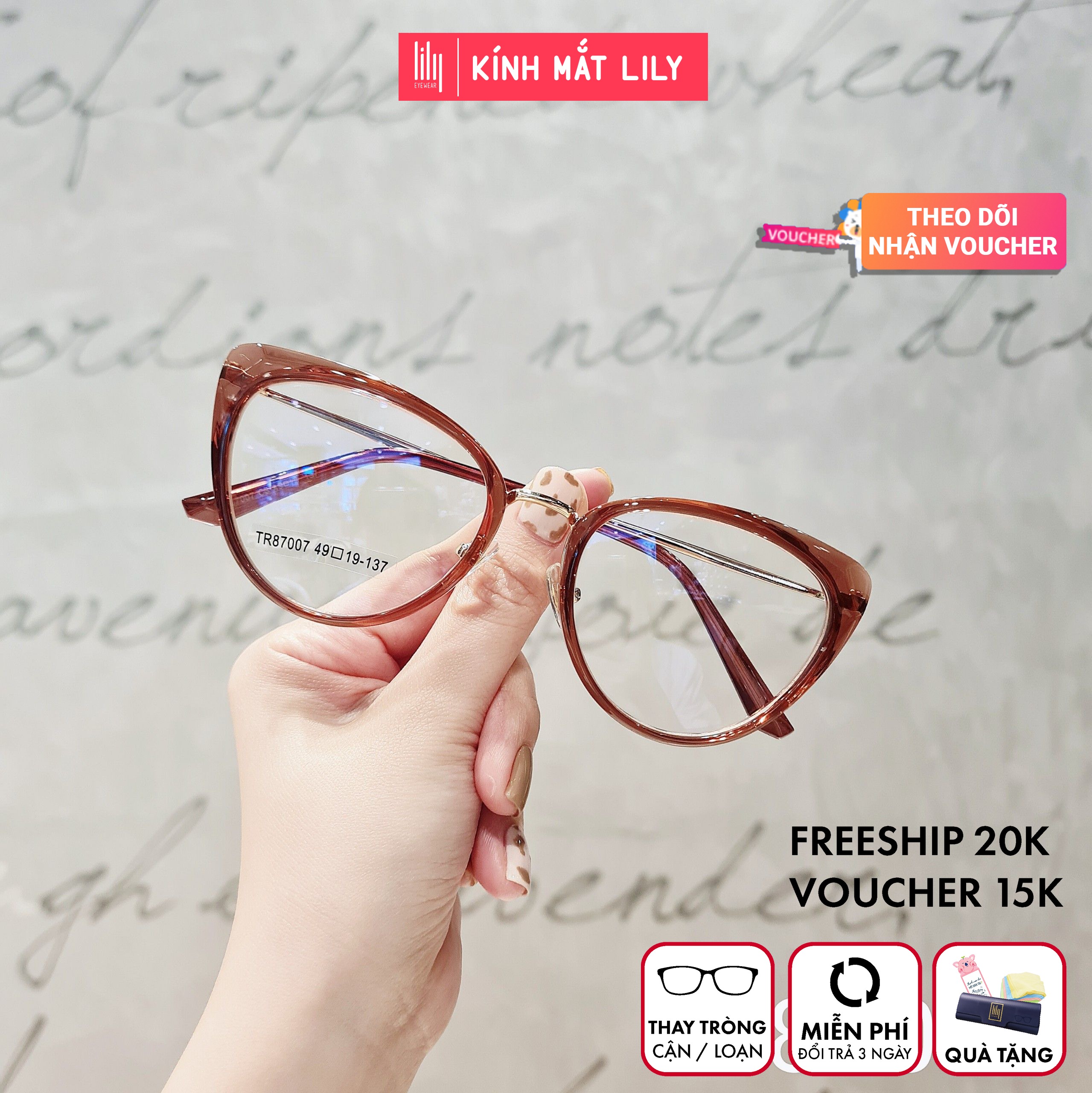 Kính thời trang mắt mèo Lilyeyewear 87007 chất liệu nhựa dẻo tính bền dẻo cao phù hợp với nhiều khuôn mặt thiết kế mắt mèo thời trang nhiều màu có thể cắt cận một size kèm quà