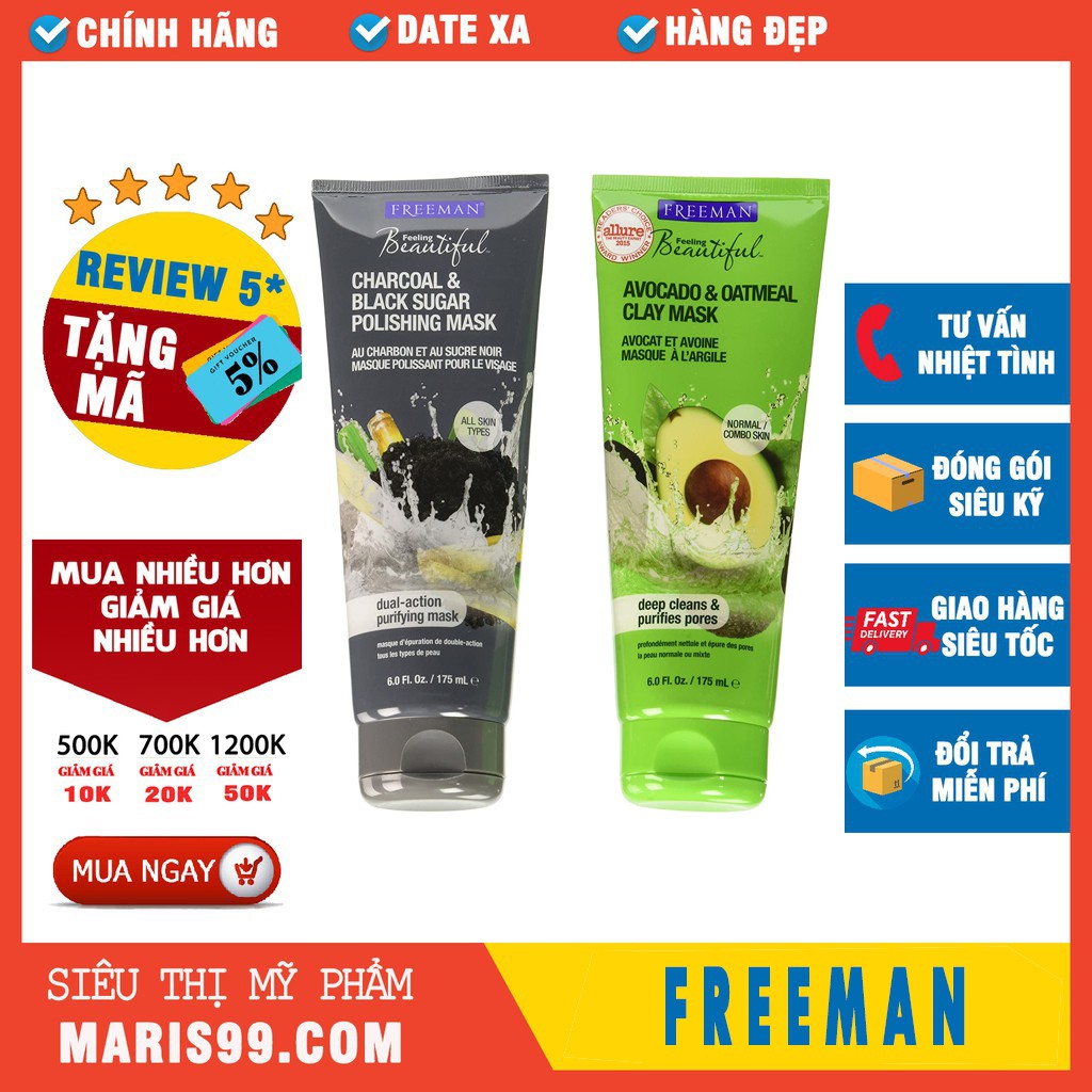 Mặt nạ đất sét Freeman Feeling Beautiful, tẩy tế bào chết, dưỡng da trắng mịn, free man -175ml _MND804FM