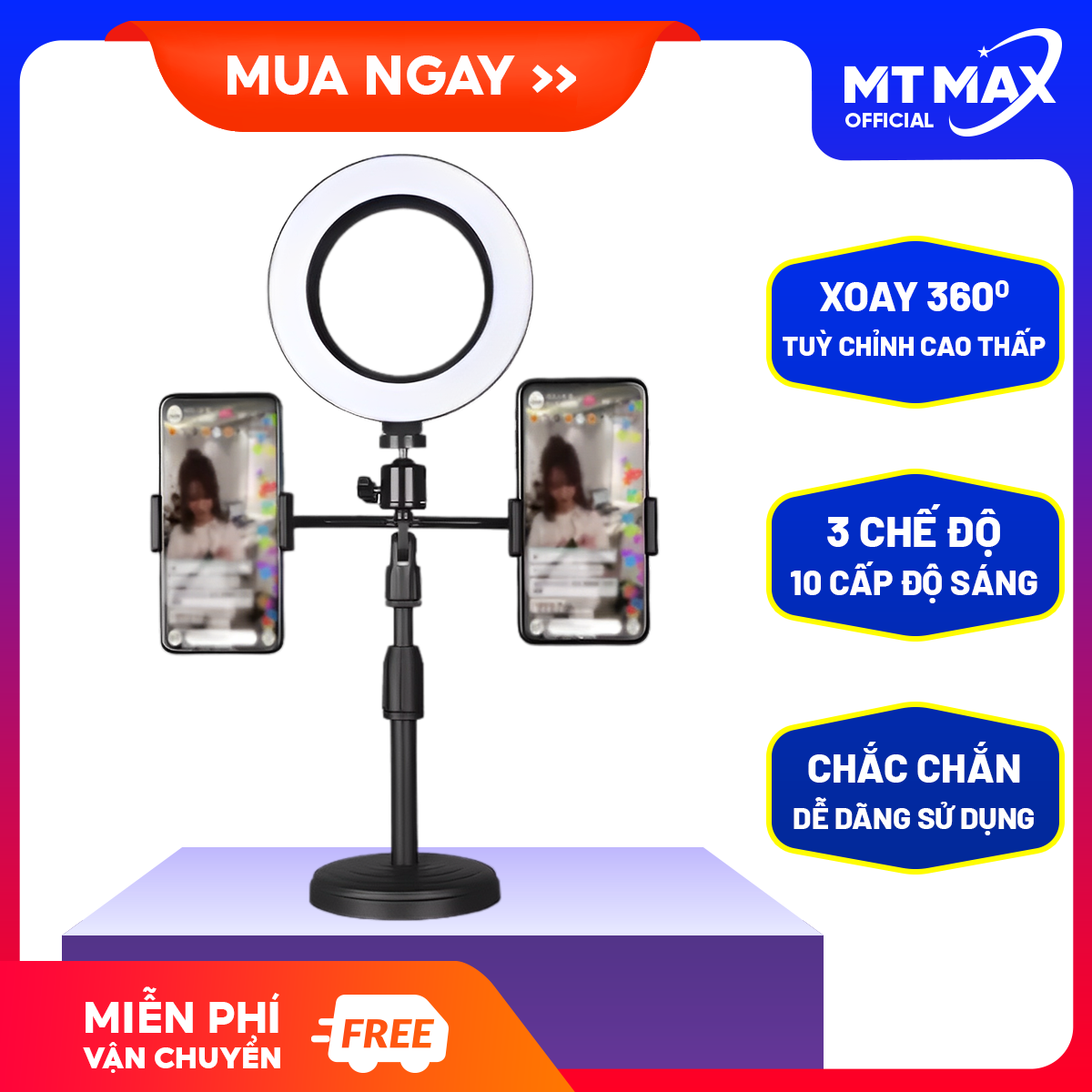Đèn live stream để bàn size 16cm 2 kẹp điện thoại, Đèn livestream bán hàng, Đèn livestream siêu sáng, Đèn livestream