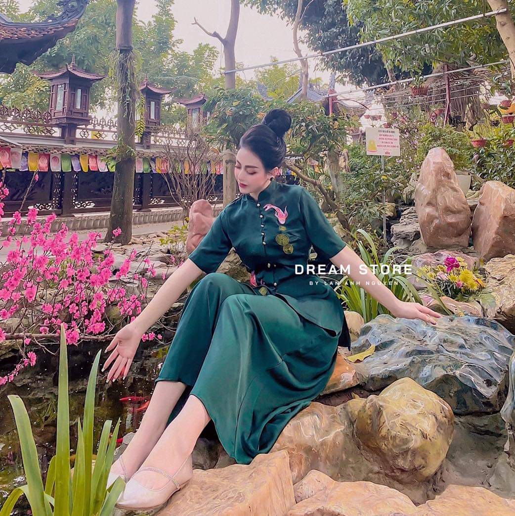 Set đò lam đi chùa thêu hoa cao cấp