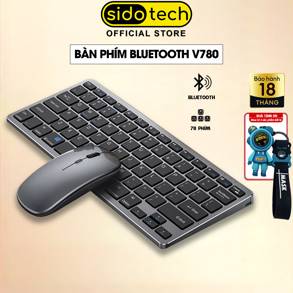 Bàn phím bluetooth không dây mini Sidotech V780 cho ipad máy tính bảng laptop điện thoại, phiên bản sạc pin 1 lần dùng nhiều tháng, nút bấm êm chống ồn, thiết kế sang trọng, kết nối đồng thời 3 thiết bị phù hợp cho dân văn phòng