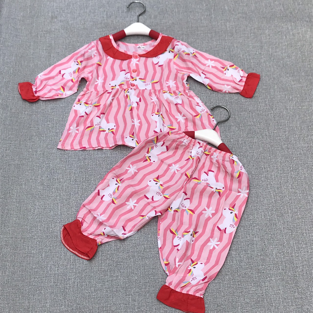 Bộ bé gái Baby Doll vải tole lanh loại 1 - sọc đỏ