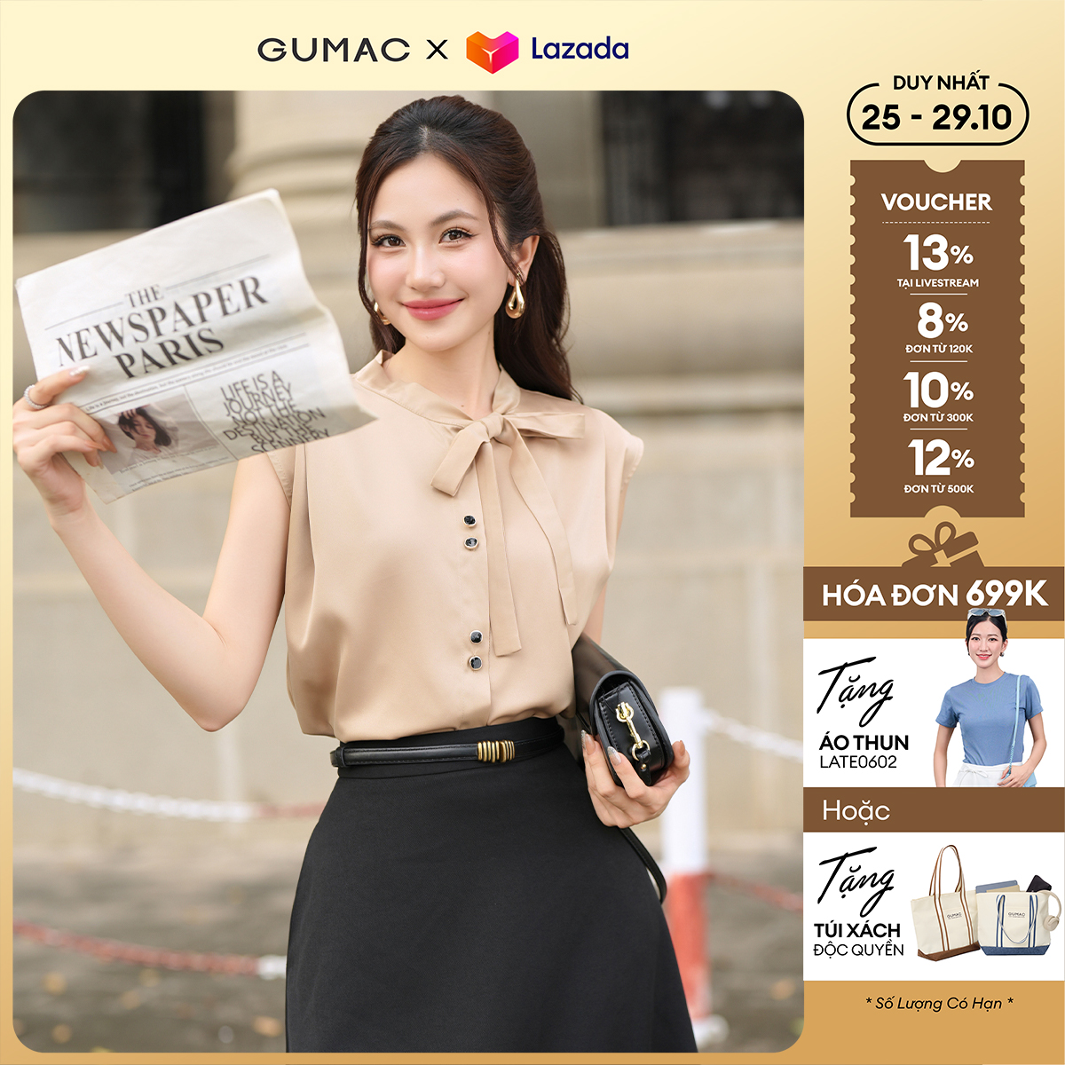 Áo kiểu thắt nơ cổ thời trang GUMAC AF01046