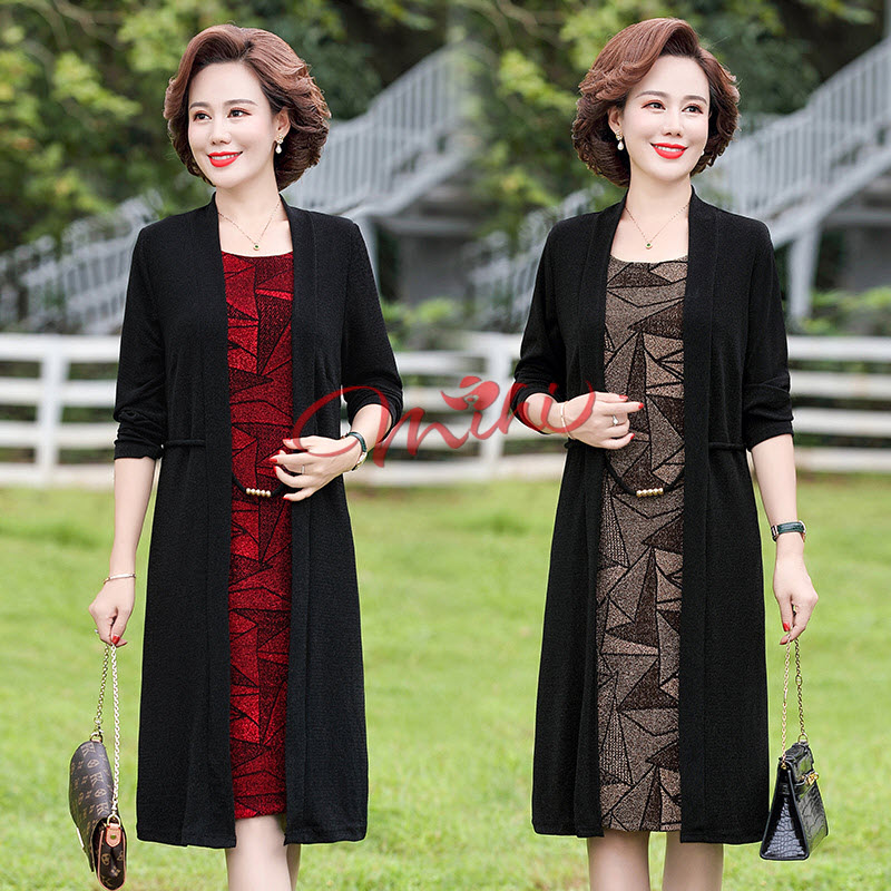 Váy trung niên nữ đẹp dự tiệc sang trọng V37 dáng suông - Đầm dạ hội cao cấp chất len tăm, shop quần áo kiểu thời trang cho mẹ, cho bà, cho người lớn tuổi, trung tuổi U40 U50 U60 U70 mặc mùa xuân, thu đông giá rẻ Bigsize, cỡ lớn