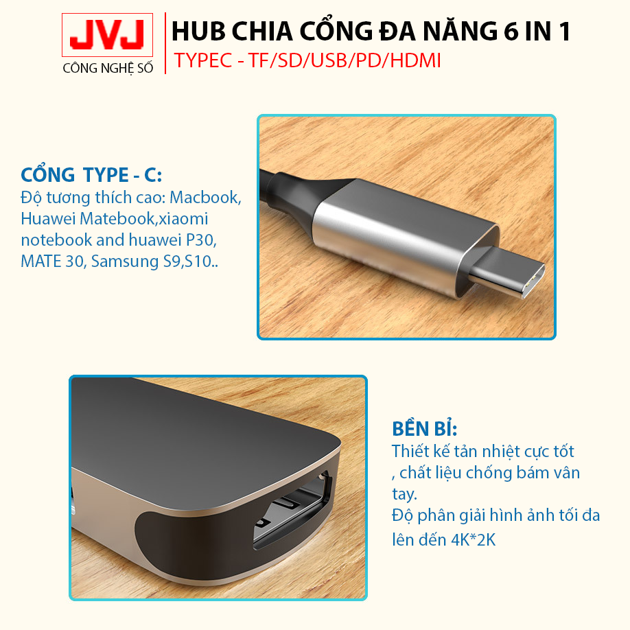 Bộ chuyển đổi đầu đọc đa năng USB Type-C 6in1 JVJ C6 Plus 4K HDMI USB 3.0 cho MacBook, Dell XPS 13 thiết bị hỗ trợ USB type C chia cổng Type-C sang USB 3.0 SD, USB 2.0, Type C, TF, 4K HDMI, tốc độ cao thích hợp cho Laptop, Macbook