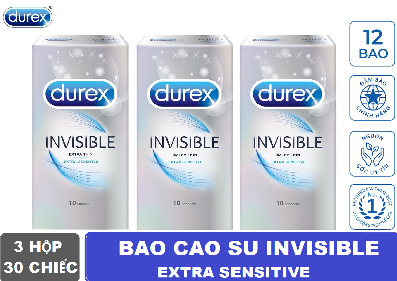 [ SALE ] COMBO 3 Hộp Bao Cao Su Durex Invisible Extra Sensitive 30 Chiếc - CHE TÊN SP KHI GIAO HÀNG