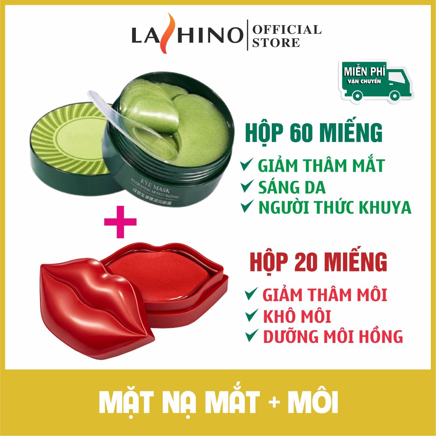 [Bộ đôi sản phẩm] Mặt nạ mắt hộp 60 miếng, Mặt nạ môi hộp 20 miếng LASHINO giảm thâm quầng và bọng mắt mặt nạ đắp mắt hiệu quả