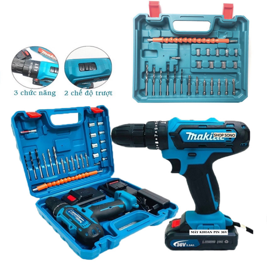 Máy khoan pin 36v makita có chế độ búa đầy đủ 2 pin tặng kèm phụ kiện mũi khoan Máy khoan tường đa năng pin sử dụng liên tục 4H