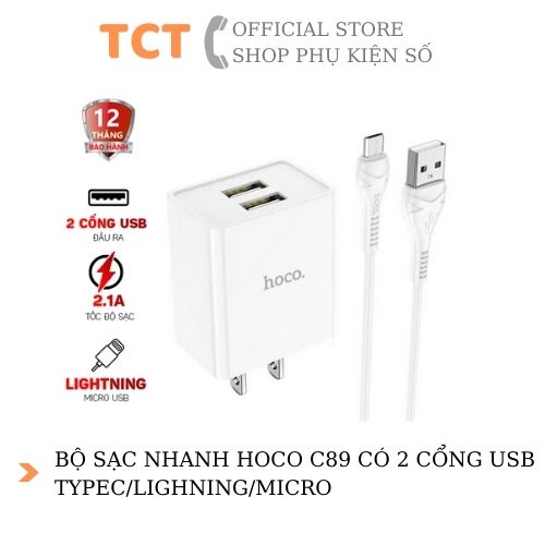 Bộ sạc hoco c89 sạc nhanh 2.1a dài 1m có 2 cổng usb đủ 3 chân ip/micro/typec