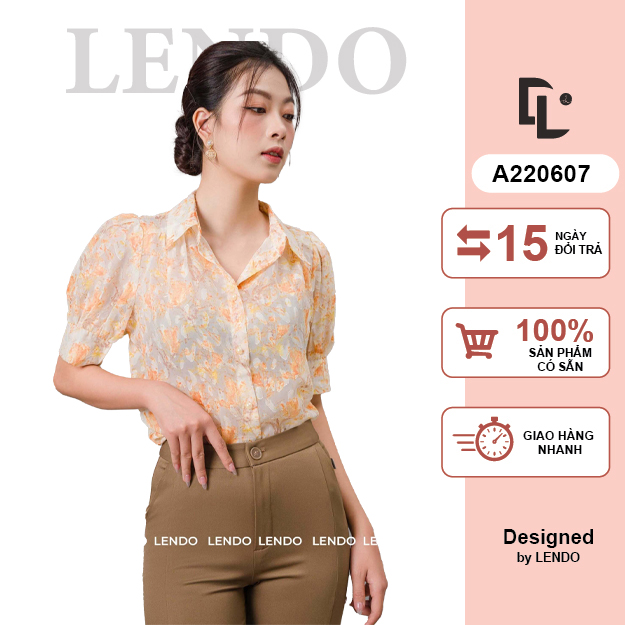 Áo sơ mi hoa tay ngắn cổ bẻ, áo công sở tay bồng thanh lịch cho nữ LENDO A220607