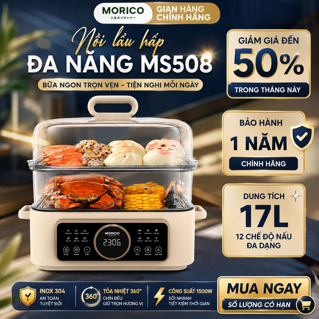 Nồi Lẩu Hấp Đa Năng MORICO MS508 Dung Tích 17L, Lòng Nồi 5L & Xửng Hấp 2 Tầng Inox 304, Hẹn Giờ 10Tiếng - Chính Hãng