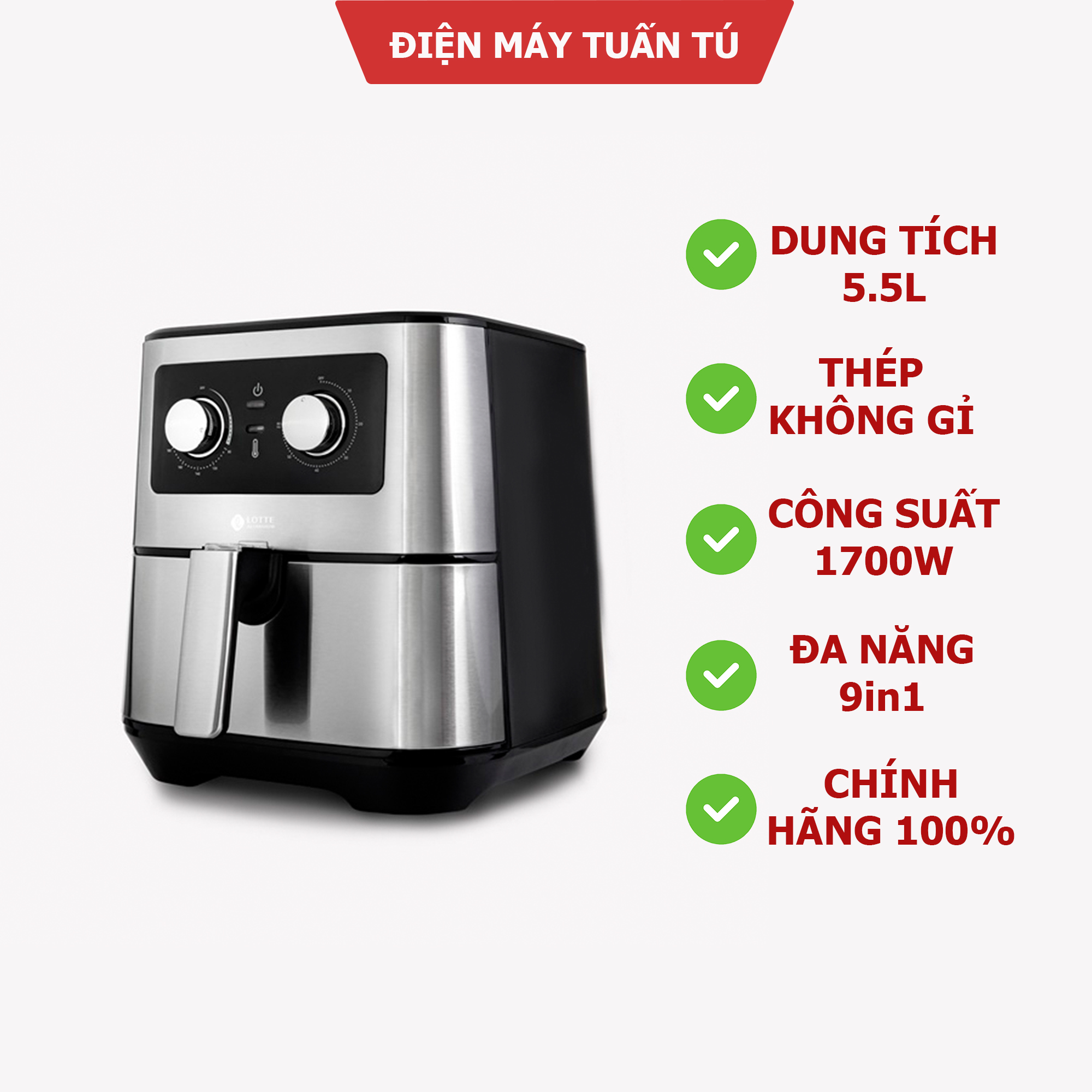 Nồi chiên không dầu lotte lts-af5sm, lò nướng không dầu chính hãng 100% nhập khẩu từ hàn quốc bảo vệ sức khỏe, làm bằng thép không gỉ. tặng sách nấu ăn
