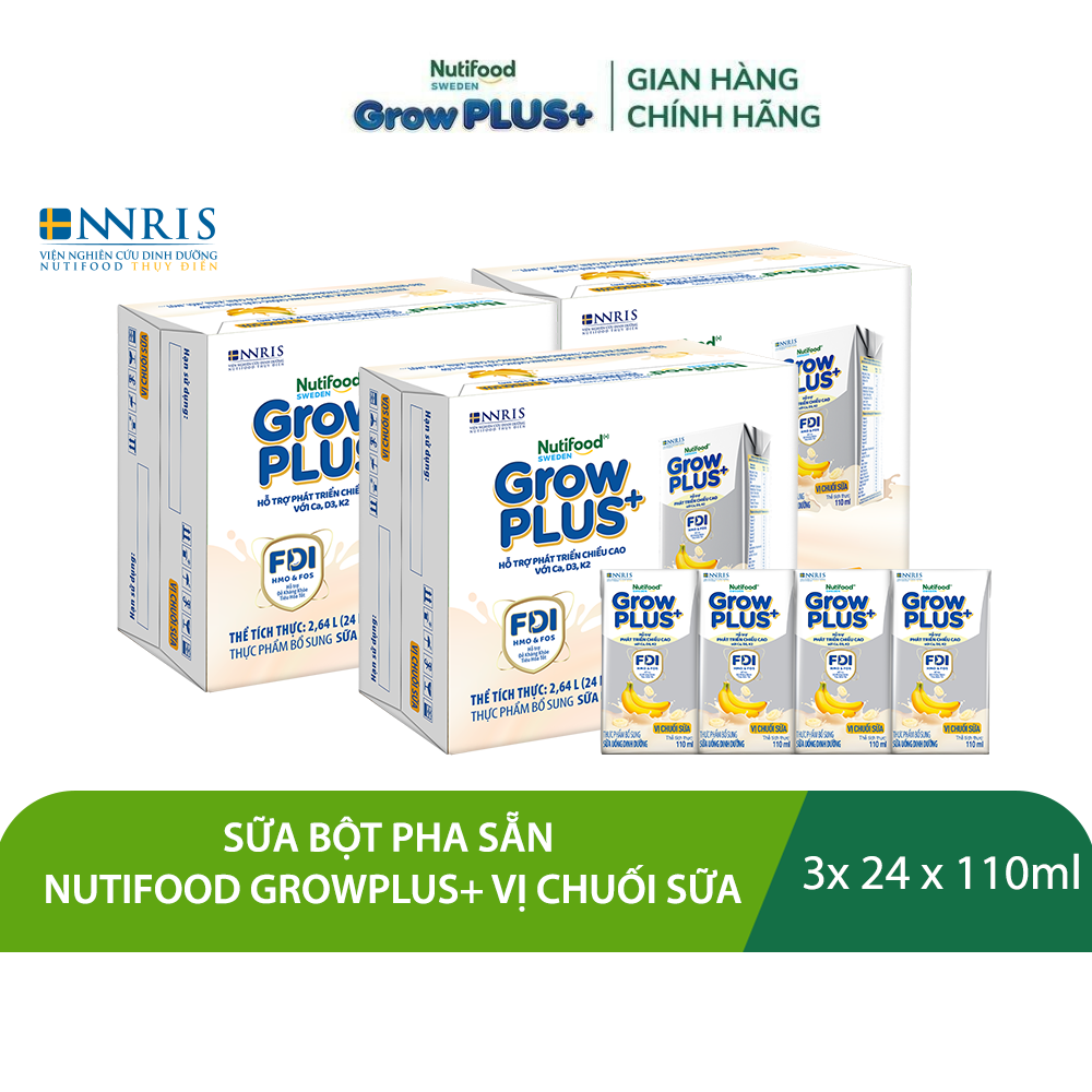 Combo 3 Thùng 24 hộp Sữa bột pha sẵn Nutifood GrowPLUS+ Vị Dâu Sữa hộp 110ml - Hỗ trợ phát triển cân nặng