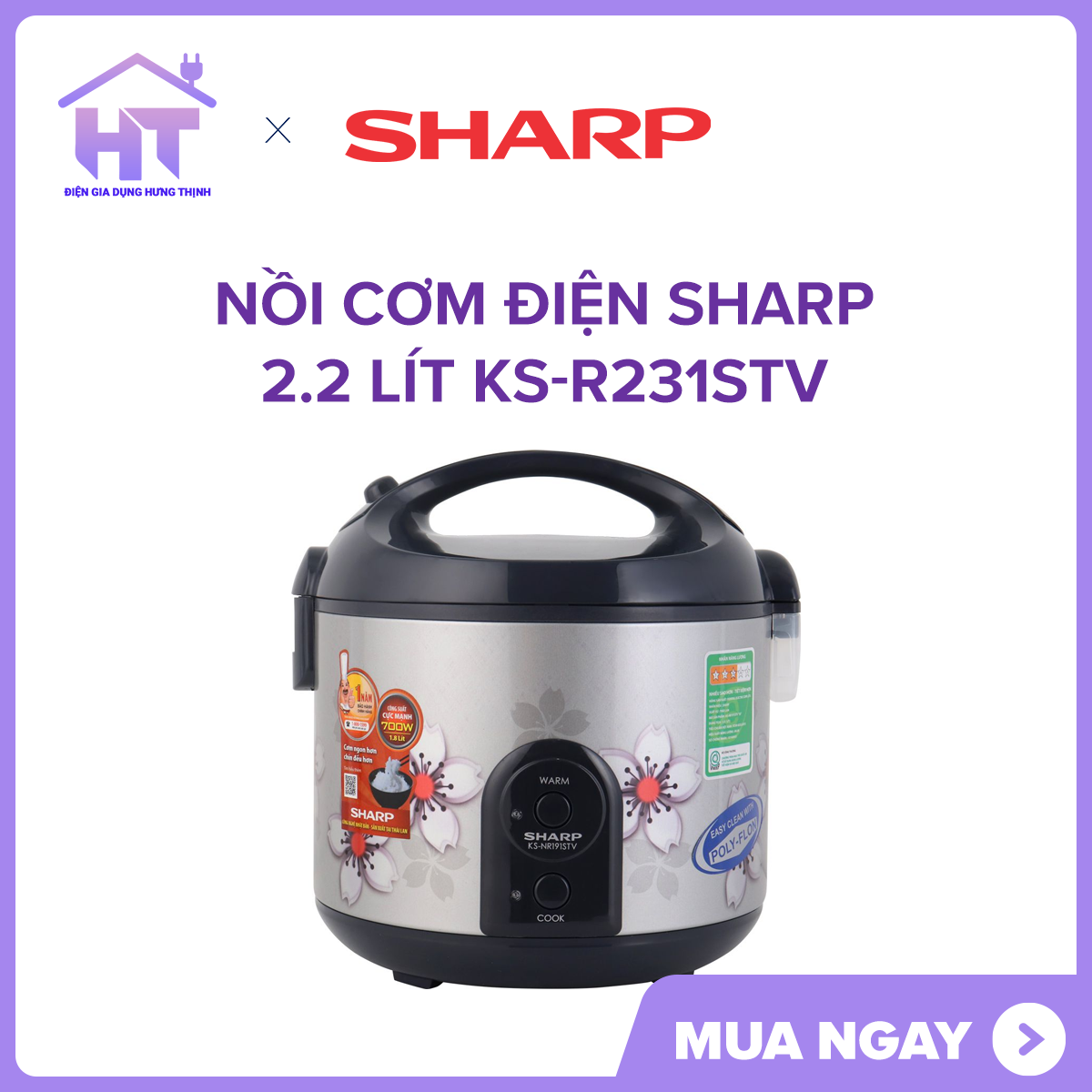 Nồi cơm điện Sharp 2.2 lít KS-R231STV Trưng bày sản xuất tại Thái Lan-chất lượng tốt.Lòng nồi chống Dính-Bảo Hành 12 tháng
